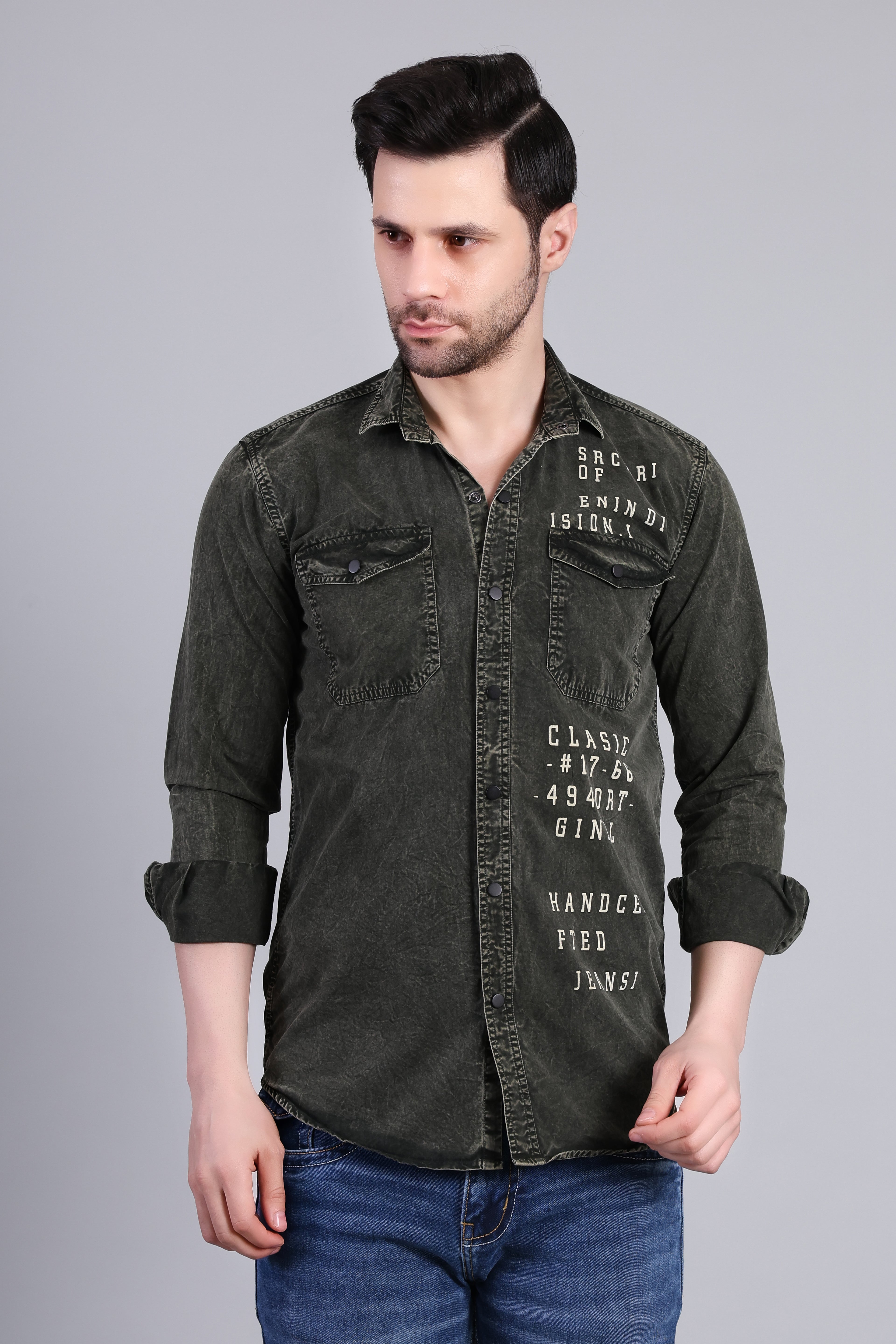 Olive Green Premium Washed Denim Shirt