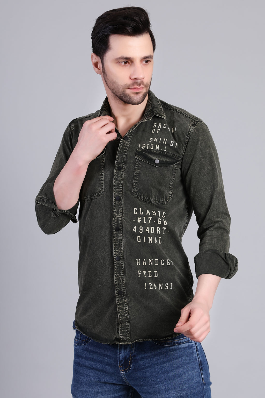 Olive Green Premium Washed Denim Shirt