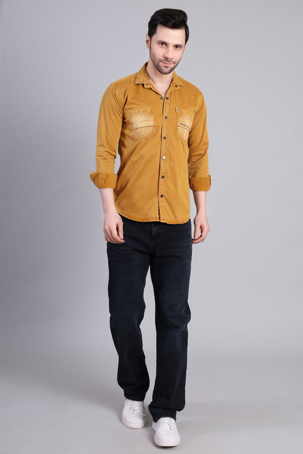 Mustard Yellow Solid Cotton Corduroy Shirt With Dual Chest