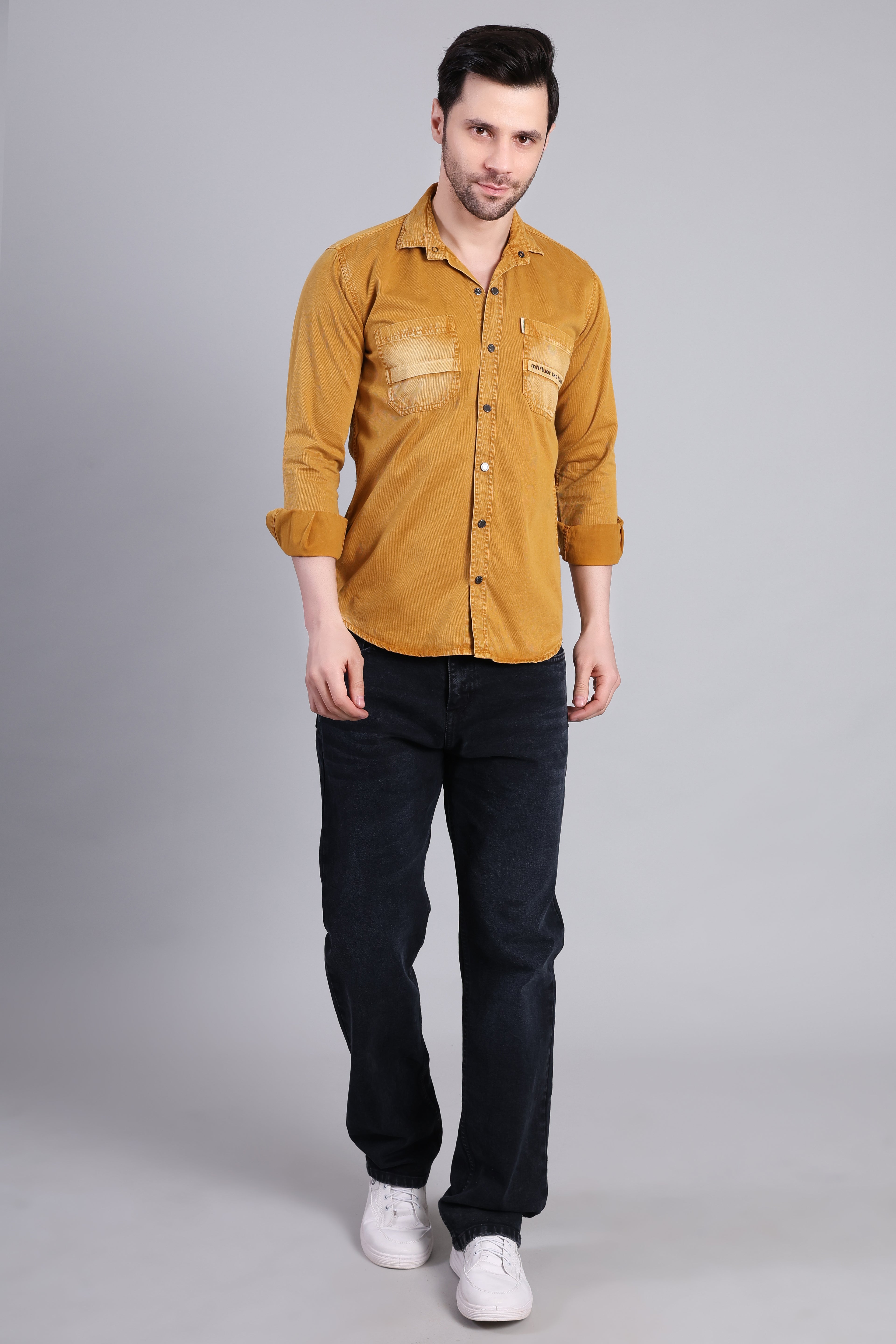 Mustard Yellow Solid Cotton Corduroy Shirt With Dual Chest
