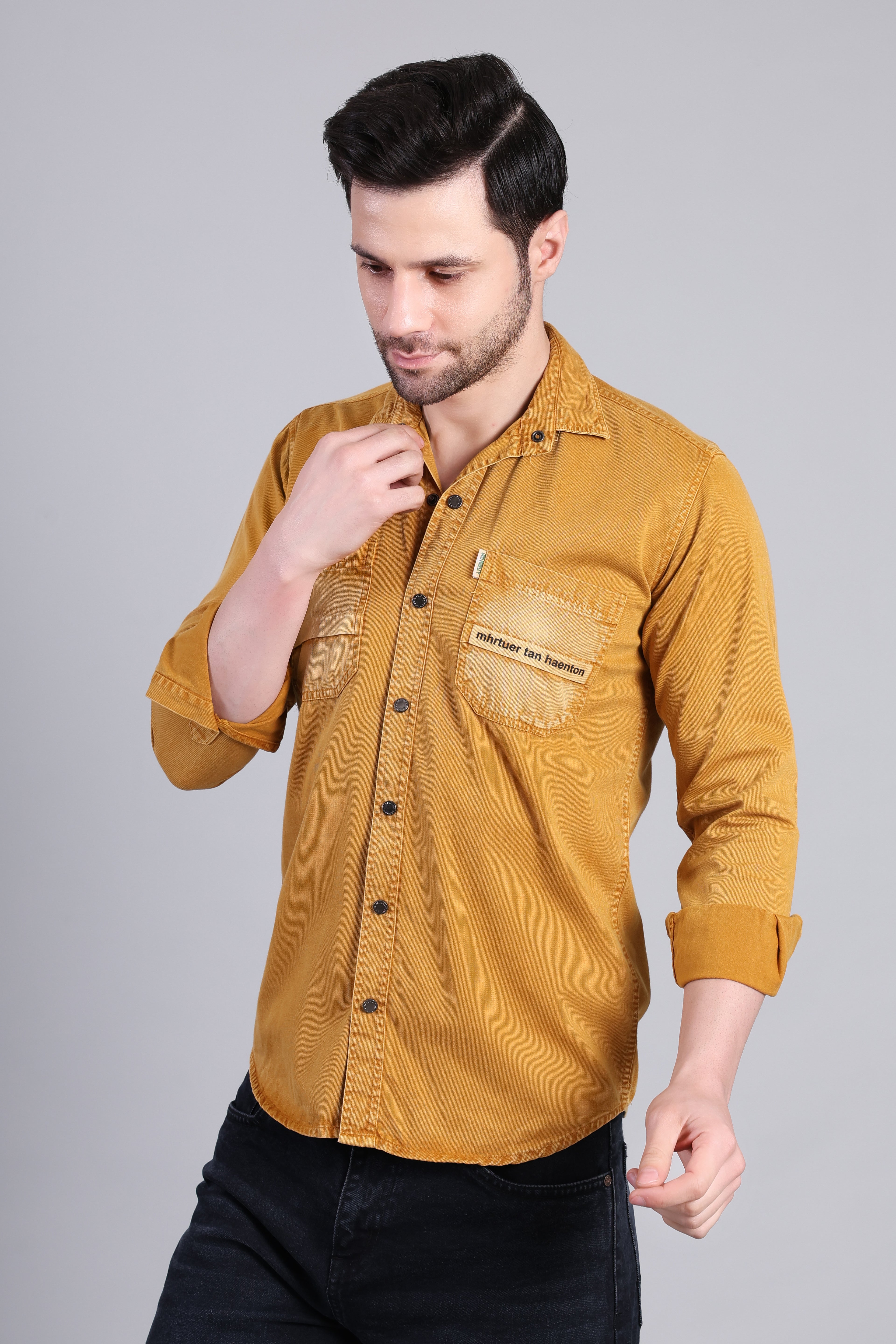 Mustard Yellow Solid Cotton Corduroy Shirt With Dual Chest