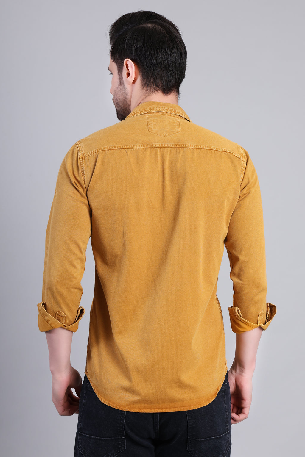 Mustard Yellow Solid Cotton Corduroy Shirt With Dual Chest