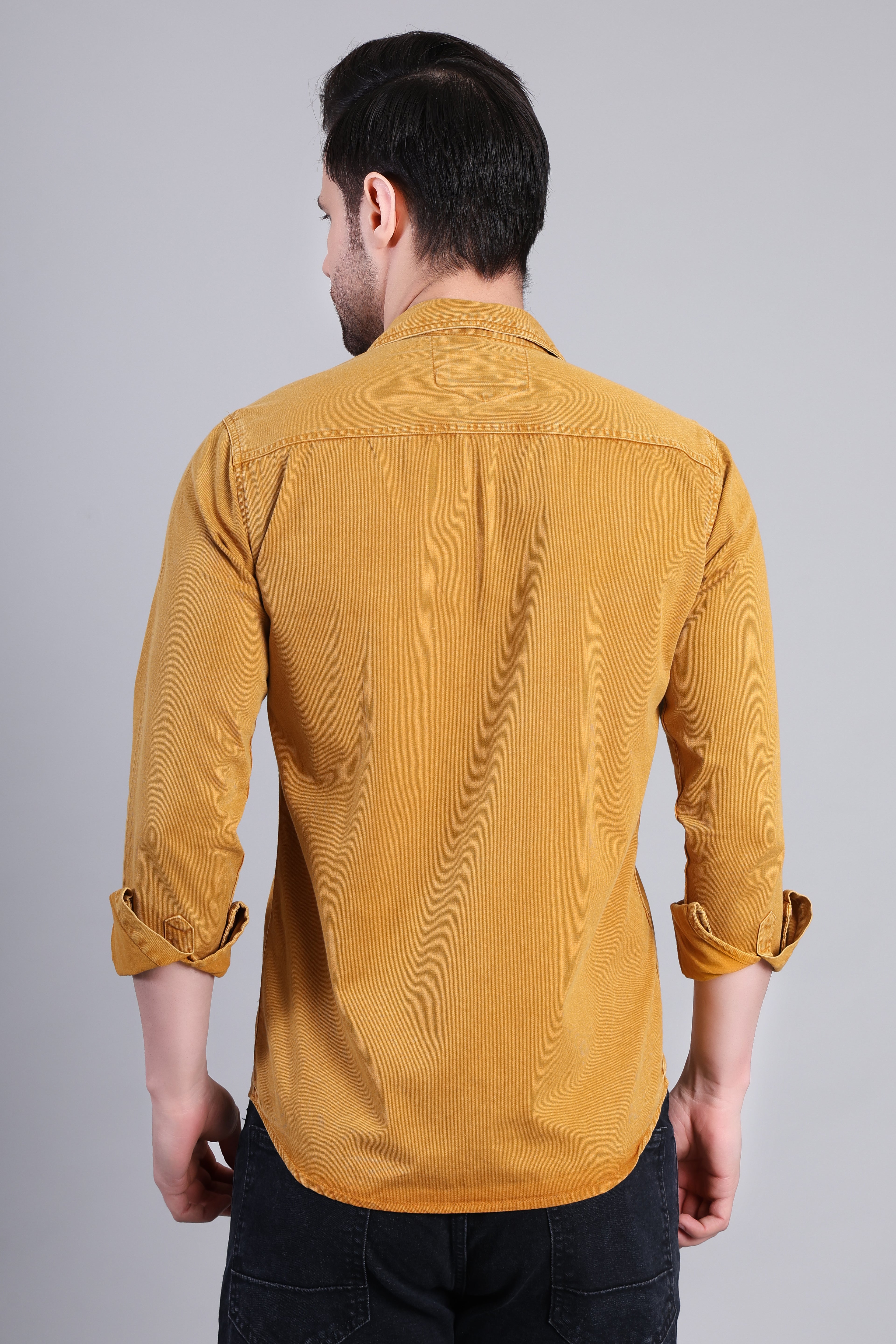 Mustard Yellow Solid Cotton Corduroy Shirt With Dual Chest