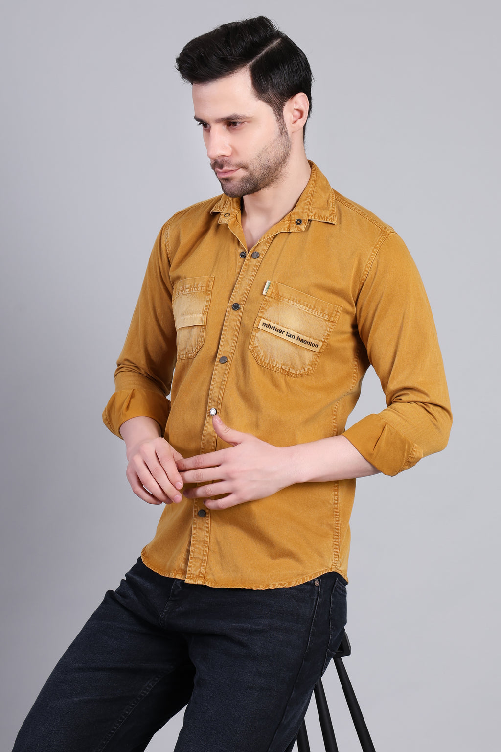 Mustard Yellow Solid Cotton Corduroy Shirt With Dual Chest
