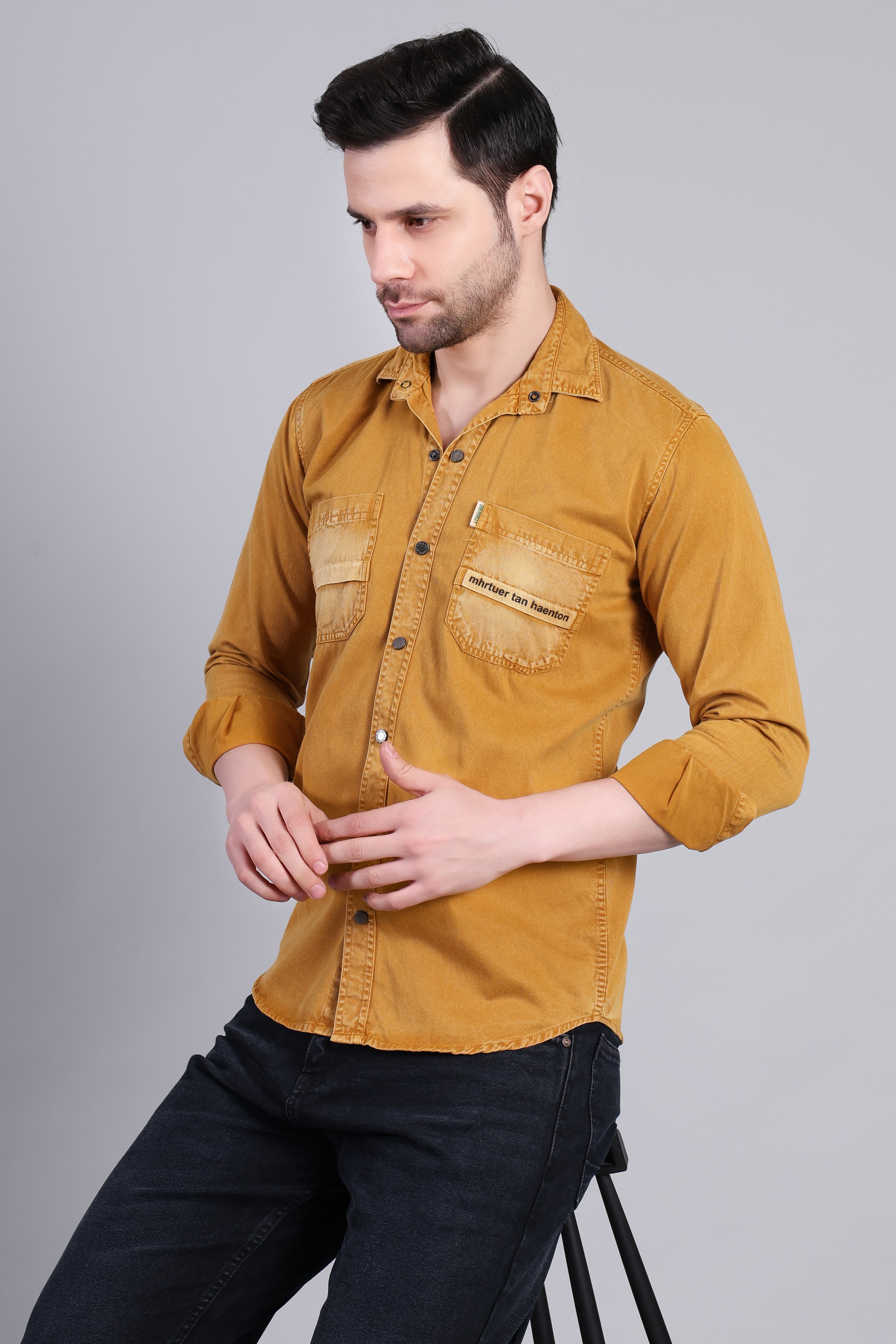 Mustard Yellow Solid Cotton Corduroy Shirt With Dual Chest