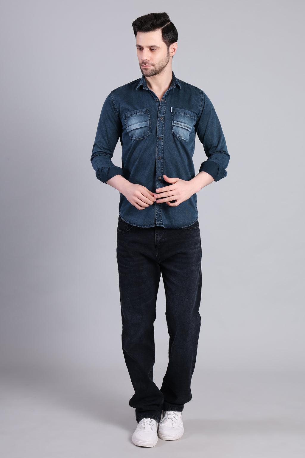 Dark Blue Premium Solid Casual Shirt For Men