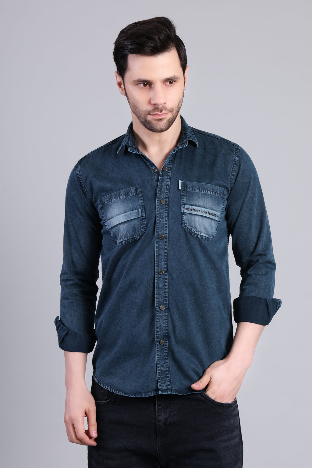 Dark Blue Premium Solid Casual Shirt For Men