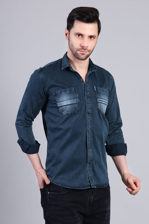 Dark Blue Premium Solid Casual Shirt For Men