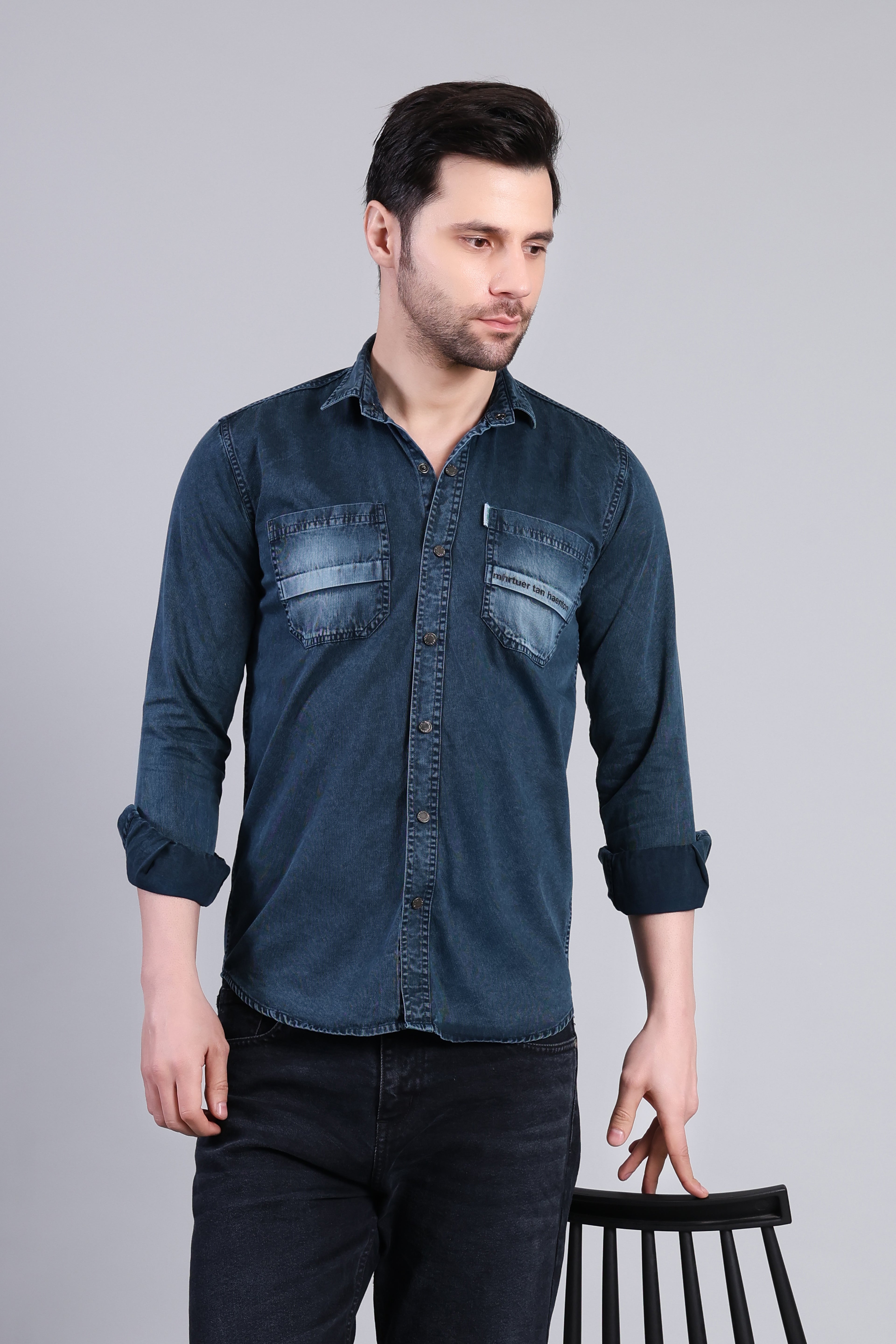 Dark Blue Premium Solid Casual Shirt For Men