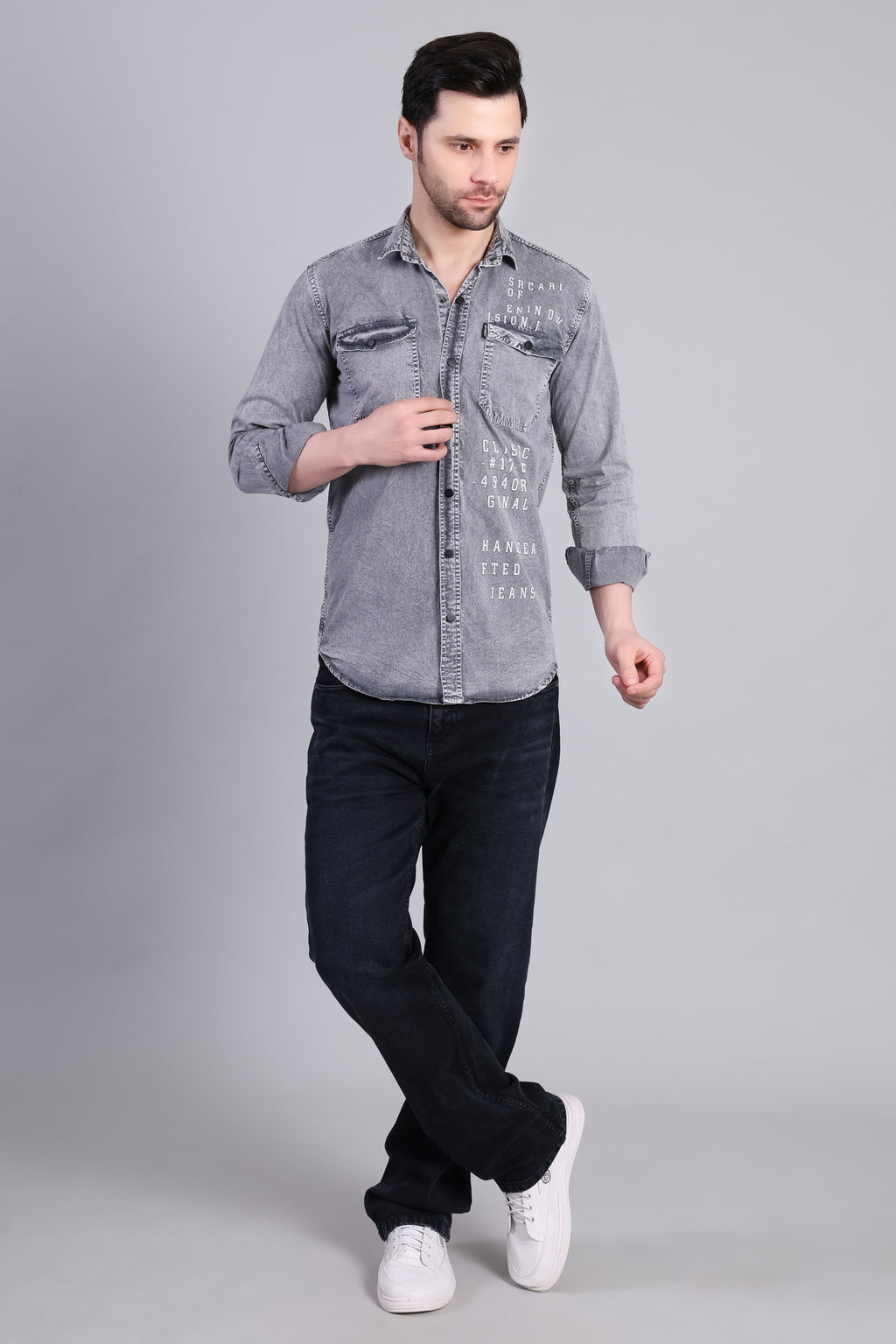 Grey Premium Washed Denim Shirt With Printed Detailing For Men