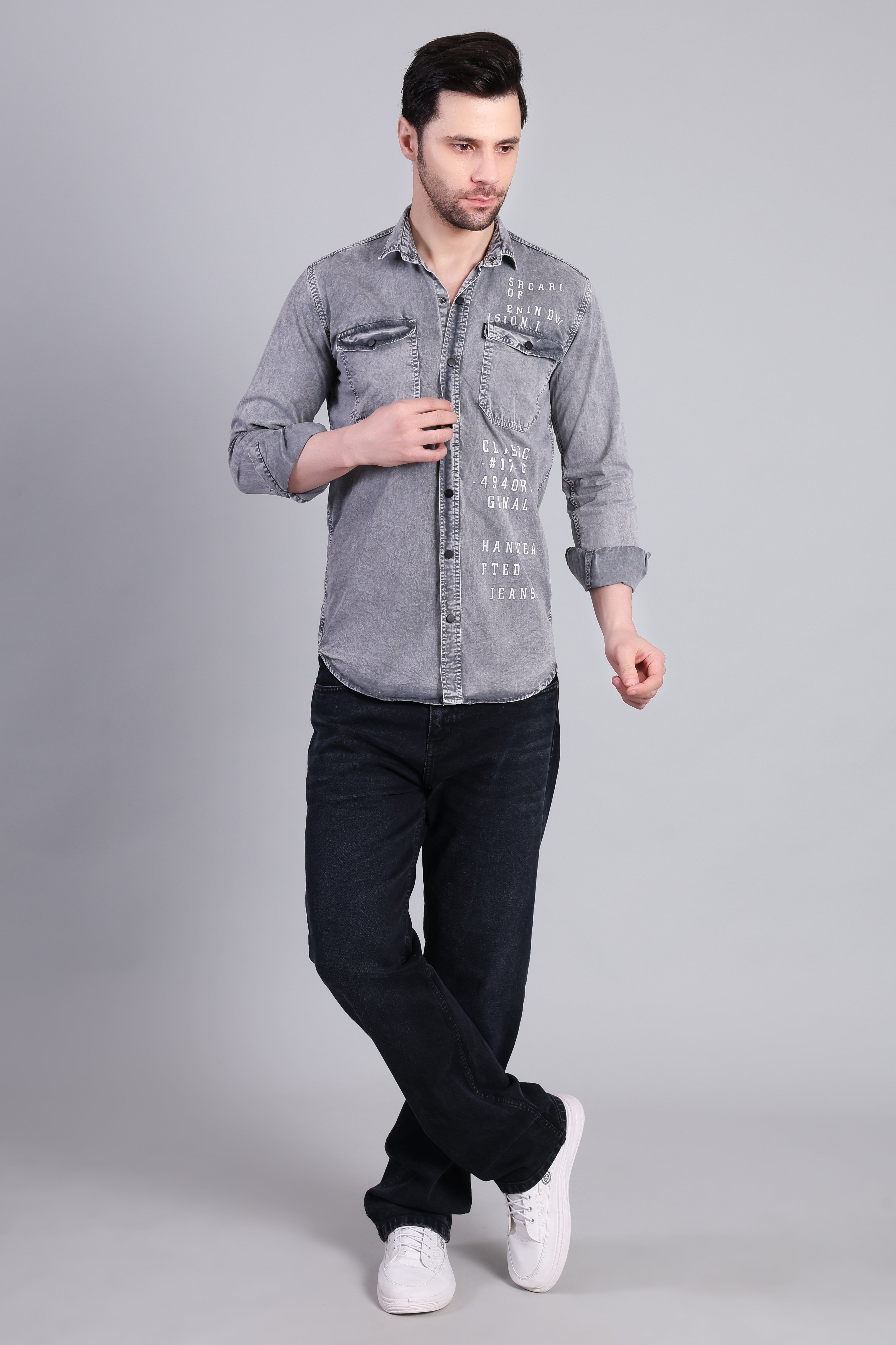 Grey Premium Washed Denim Shirt With Printed Detailing For Men