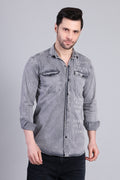 Grey Premium Washed Denim Shirt With Printed Detailing For Men