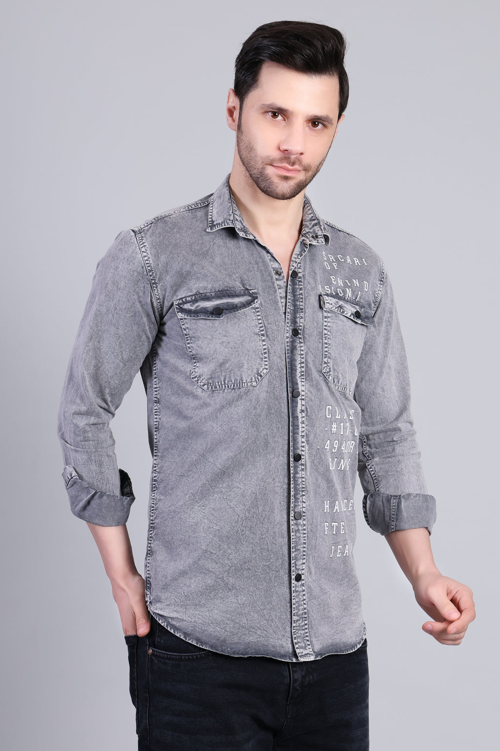 Grey Premium Washed Denim Shirt With Printed Detailing For Men
