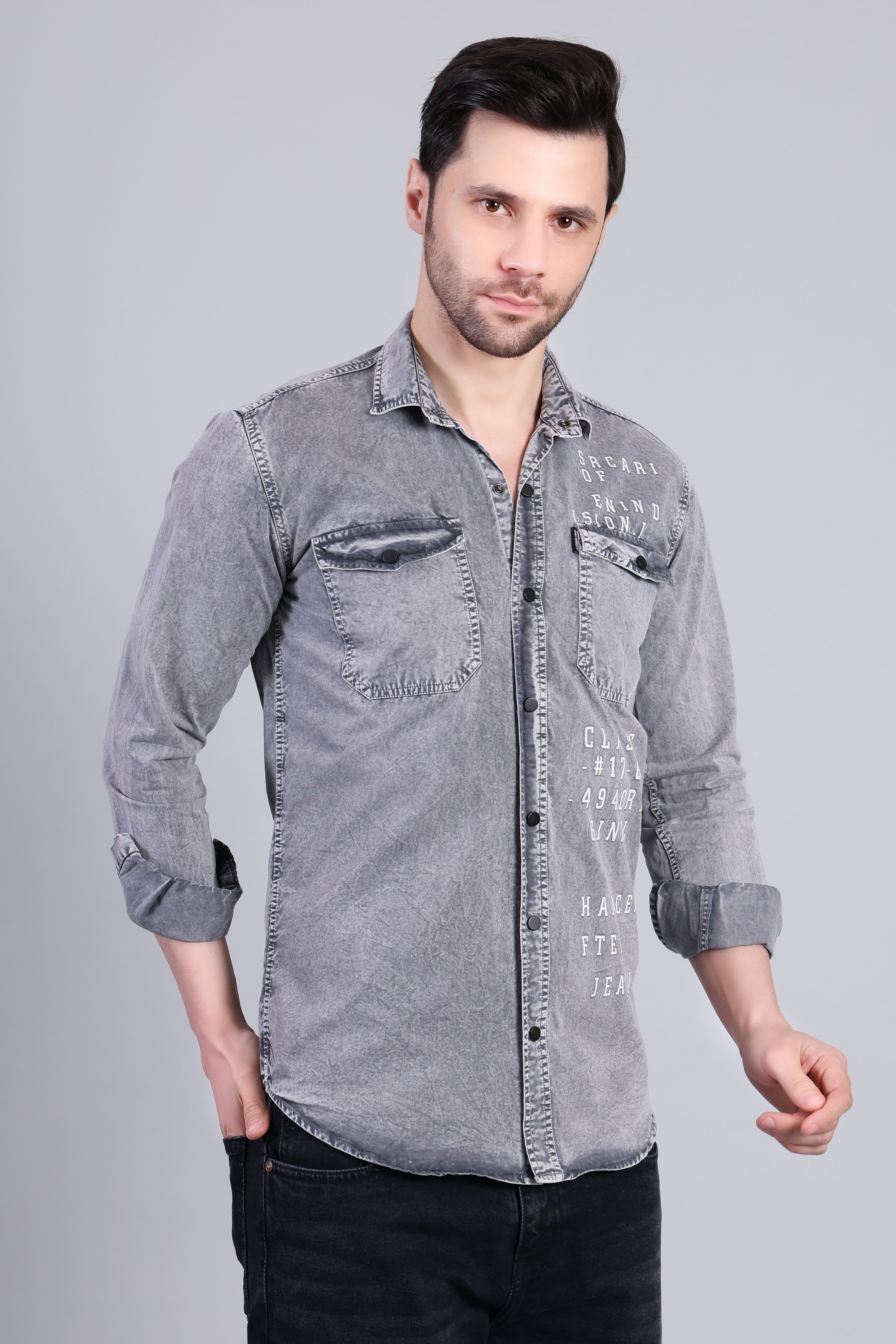 Grey Premium Washed Denim Shirt With Printed Detailing For Men
