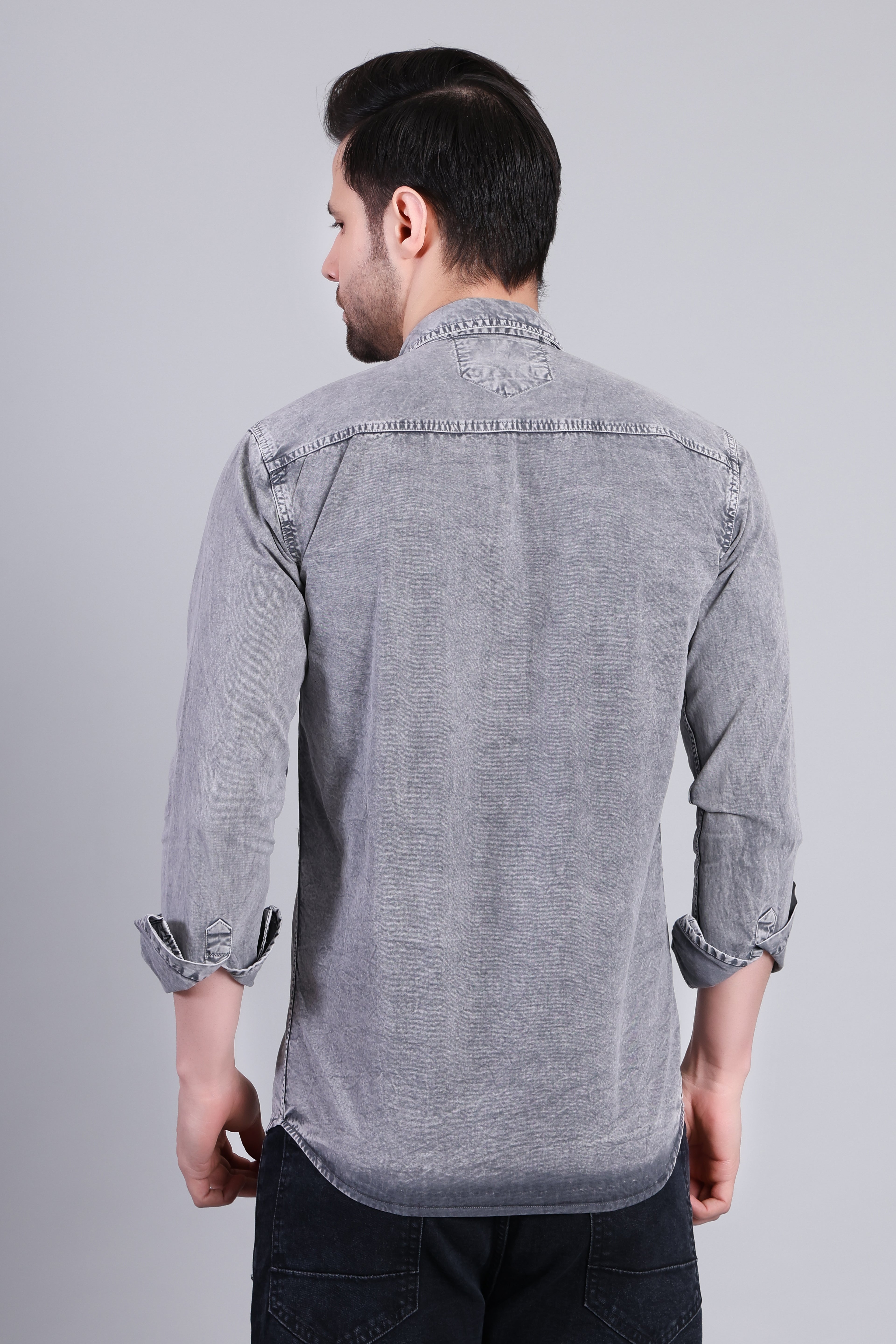 Grey Premium Washed Denim Shirt With Printed Detailing For Men