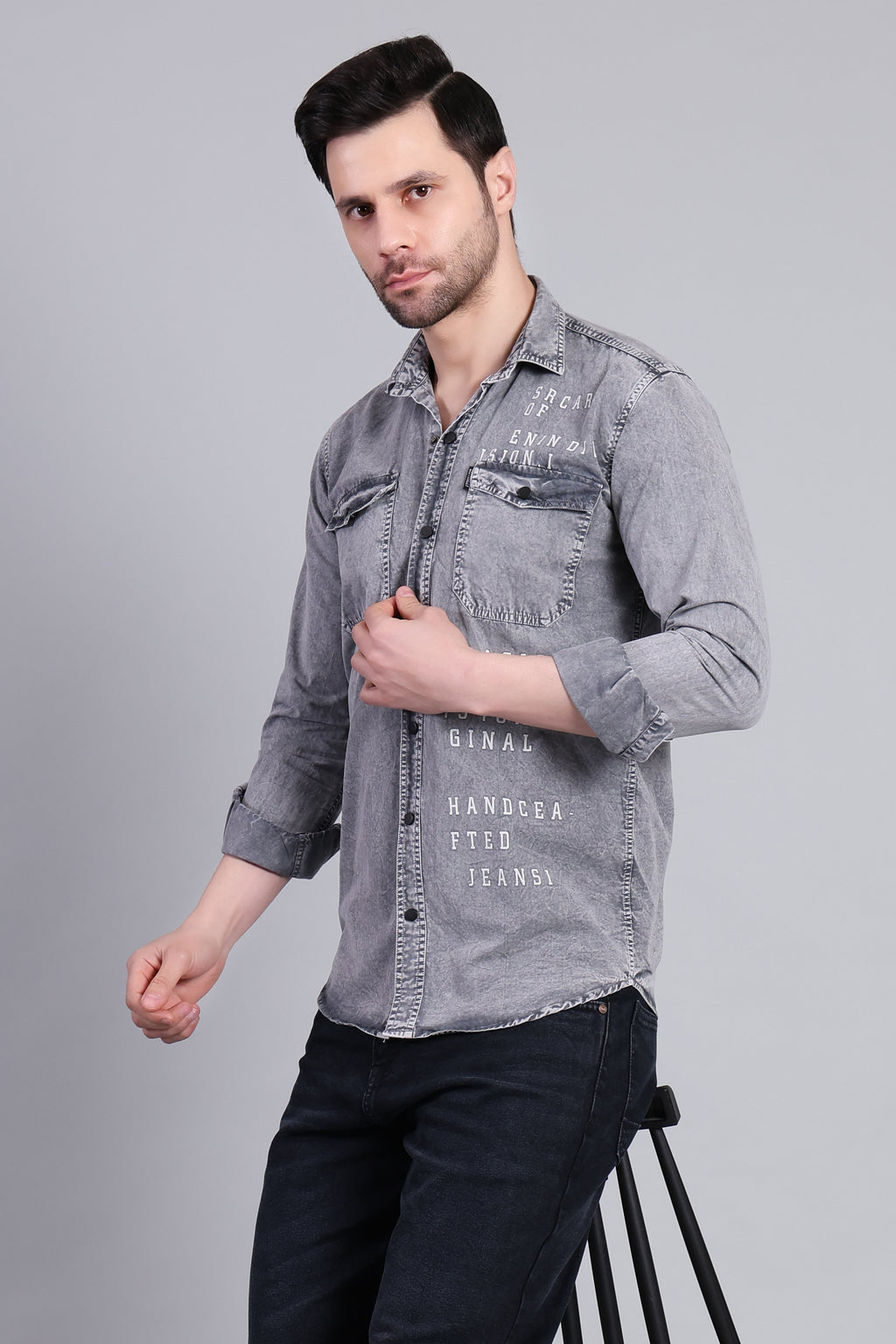 Grey Premium Washed Denim Shirt With Printed Detailing For Men