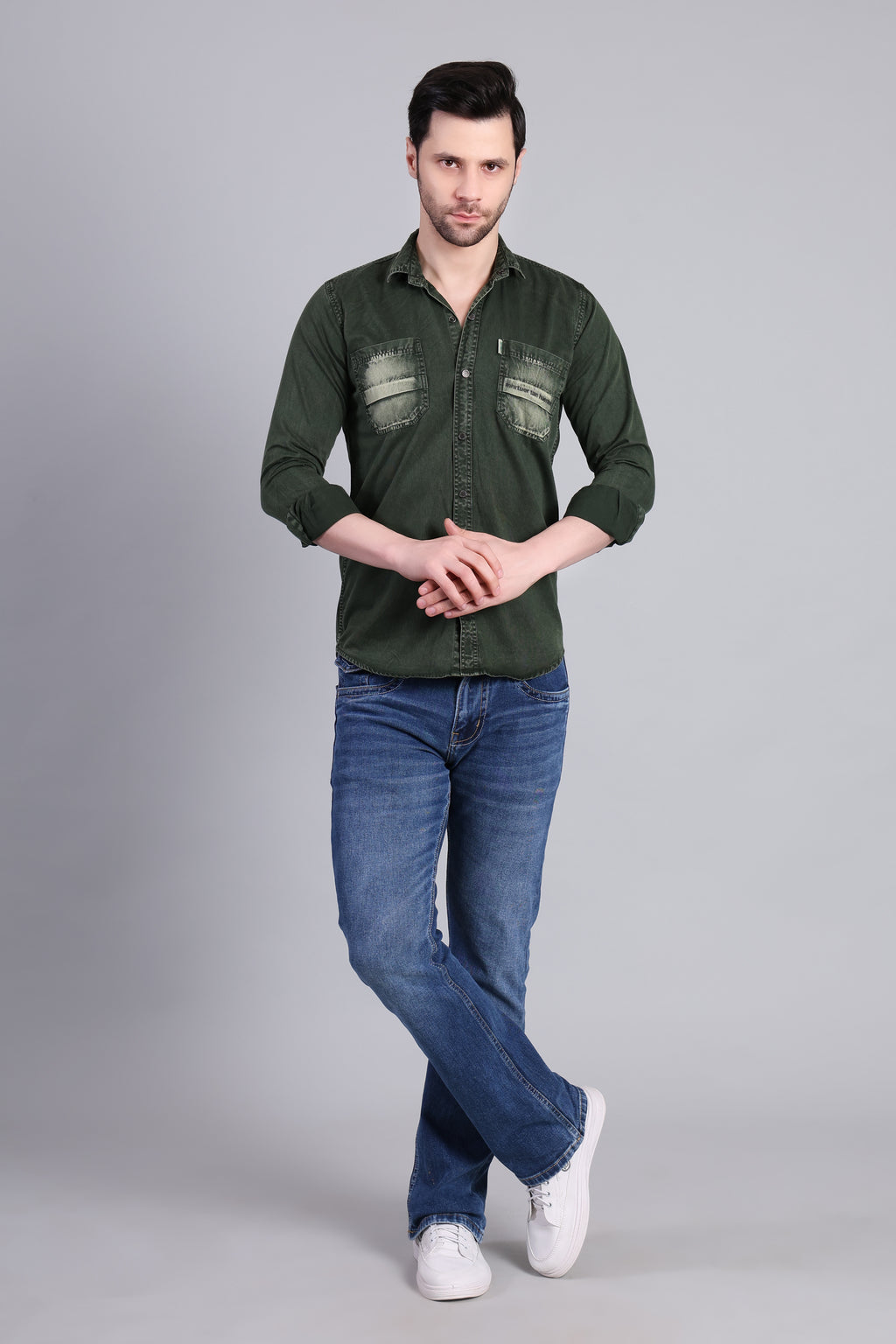 Dark Green Solid Cotton Corduroy Shirt With Dual Chest Pockets For Men