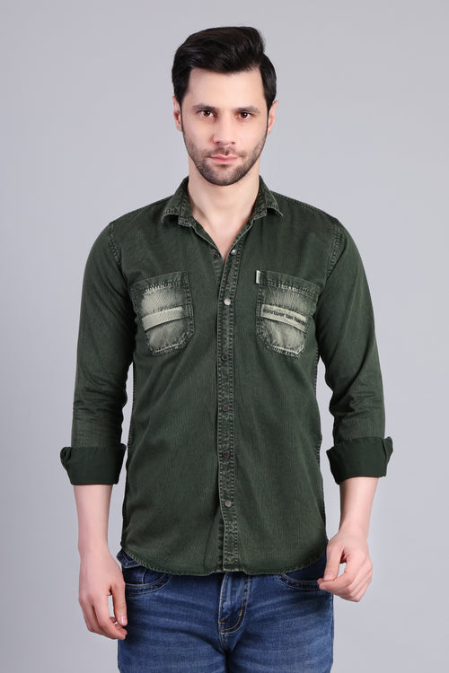 Dark Green Solid Cotton Corduroy Shirt With Dual Chest Pockets For Men