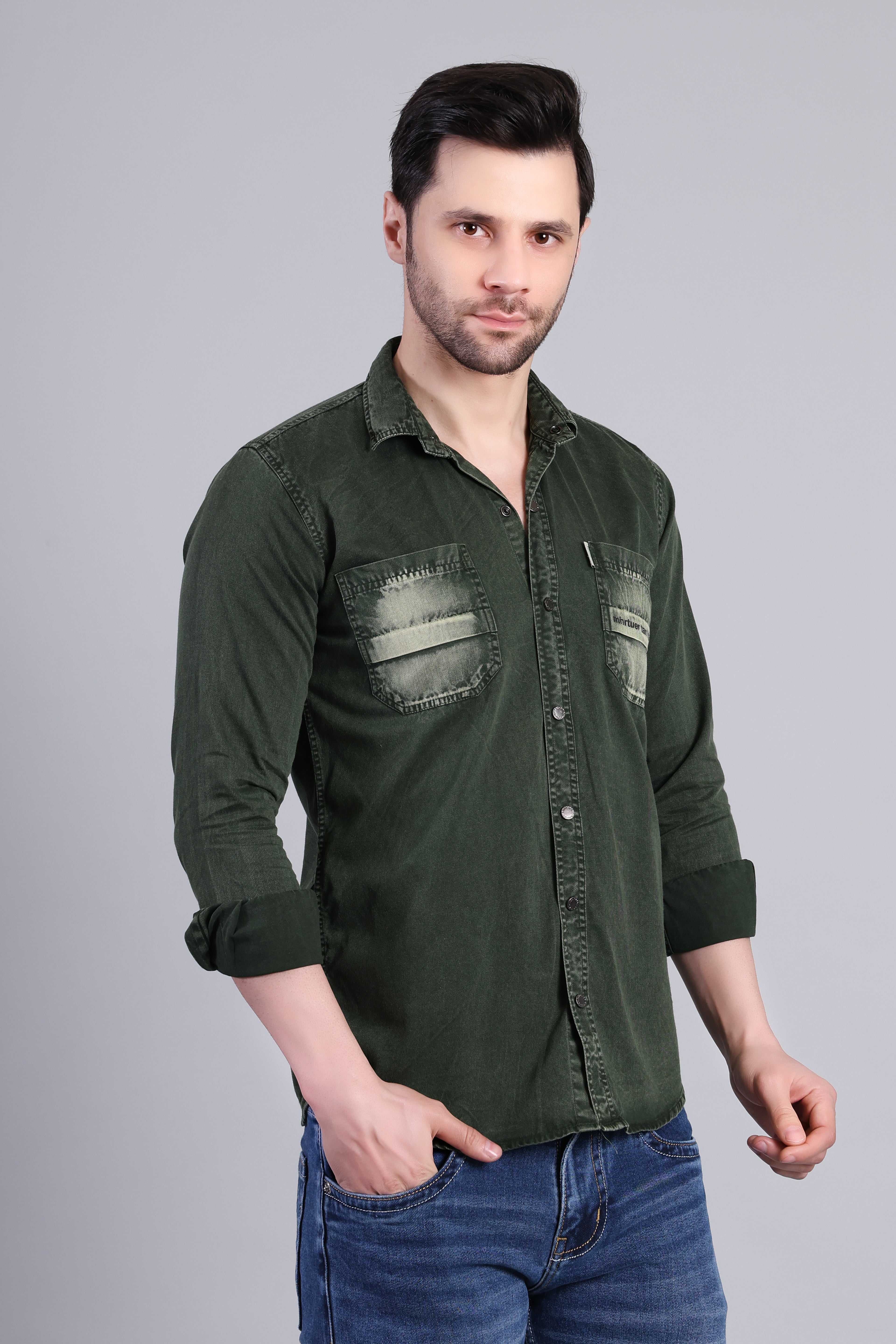 Dark Green Solid Cotton Corduroy Shirt With Dual Chest Pockets For Men