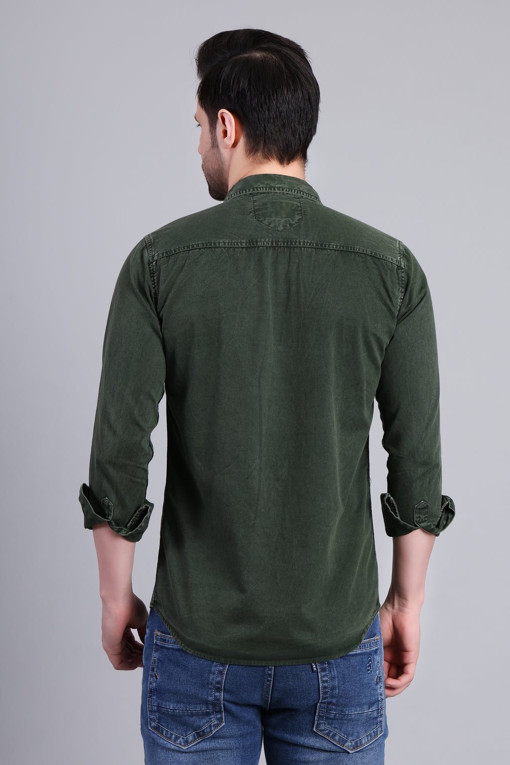 Dark Green Solid Cotton Corduroy Shirt With Dual Chest Pockets For Men