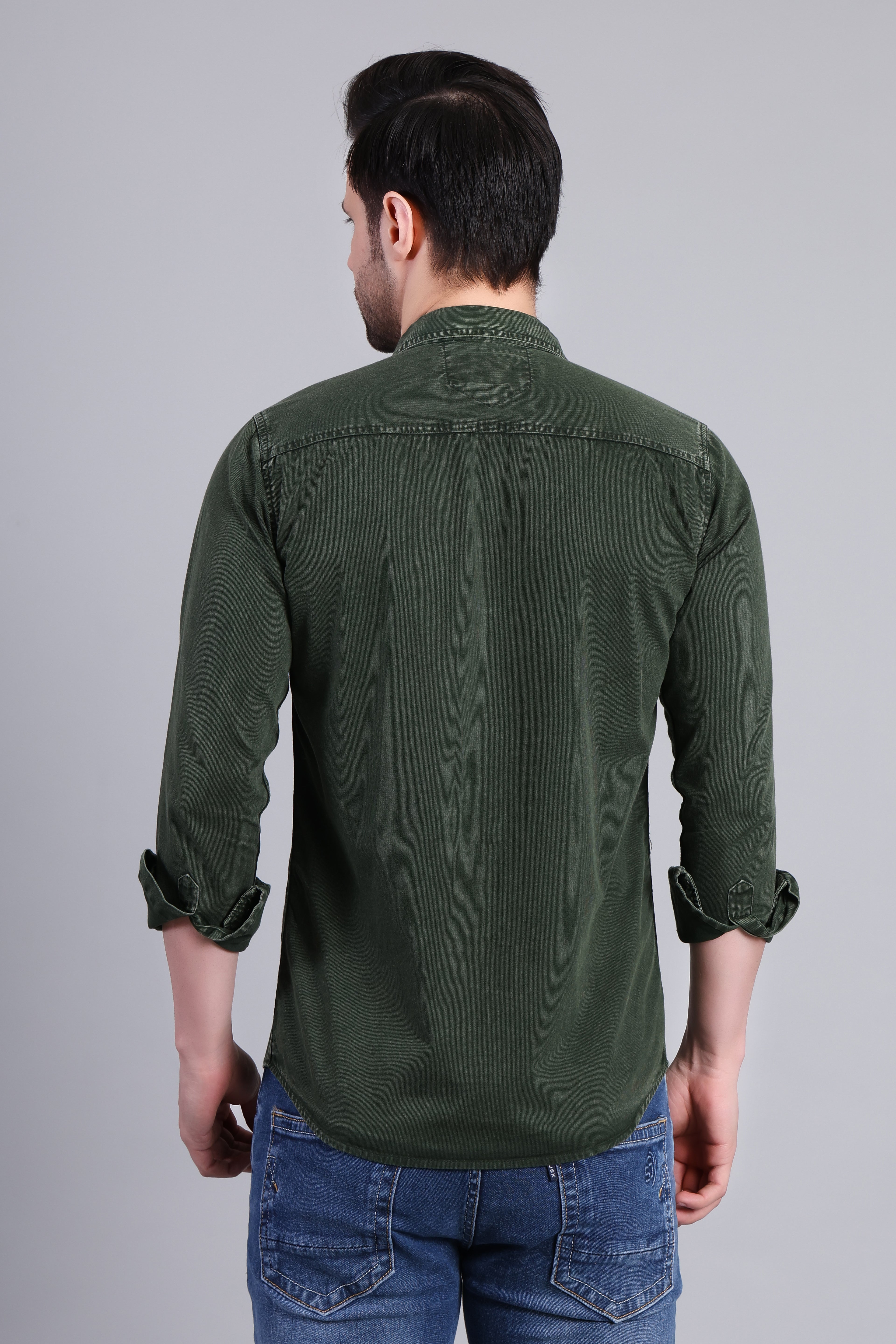 Dark Green Solid Cotton Corduroy Shirt With Dual Chest Pockets For Men