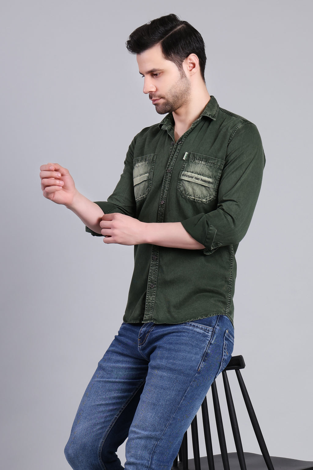 Dark Green Solid Cotton Corduroy Shirt With Dual Chest Pockets For Men