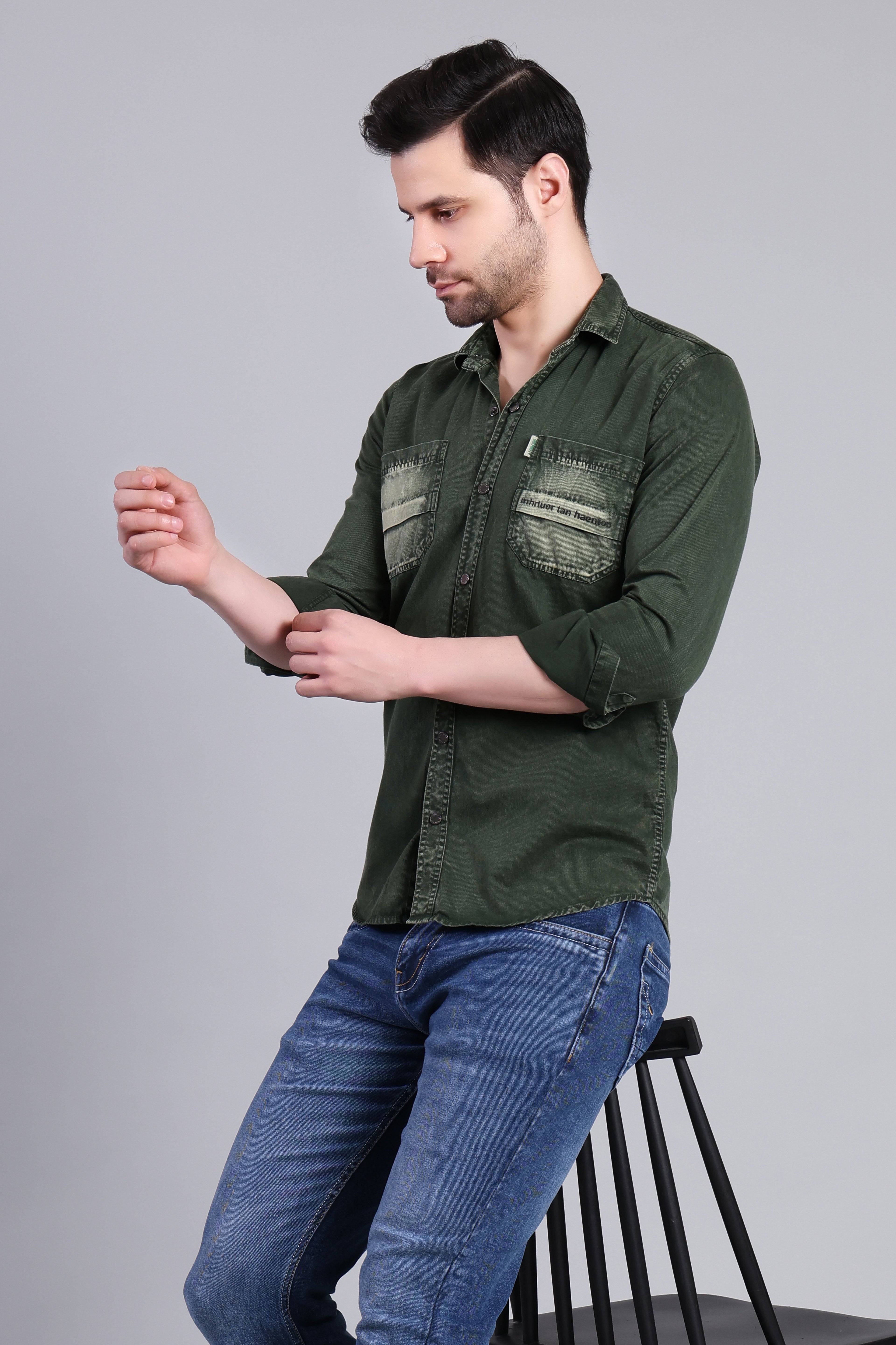 Dark Green Solid Cotton Corduroy Shirt With Dual Chest Pockets For Men