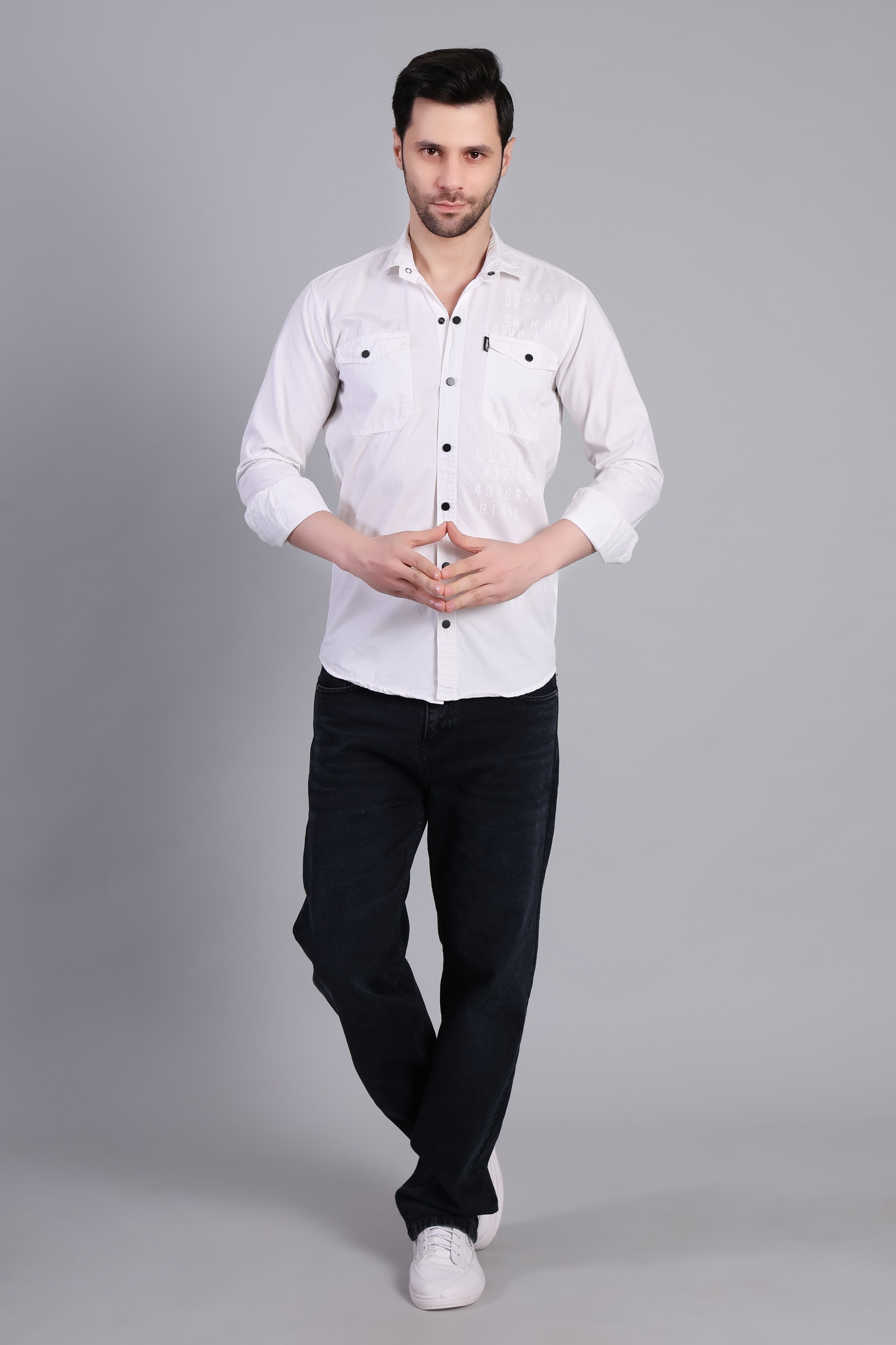 White Premium Casual Shirt With Subtle Print For Men
