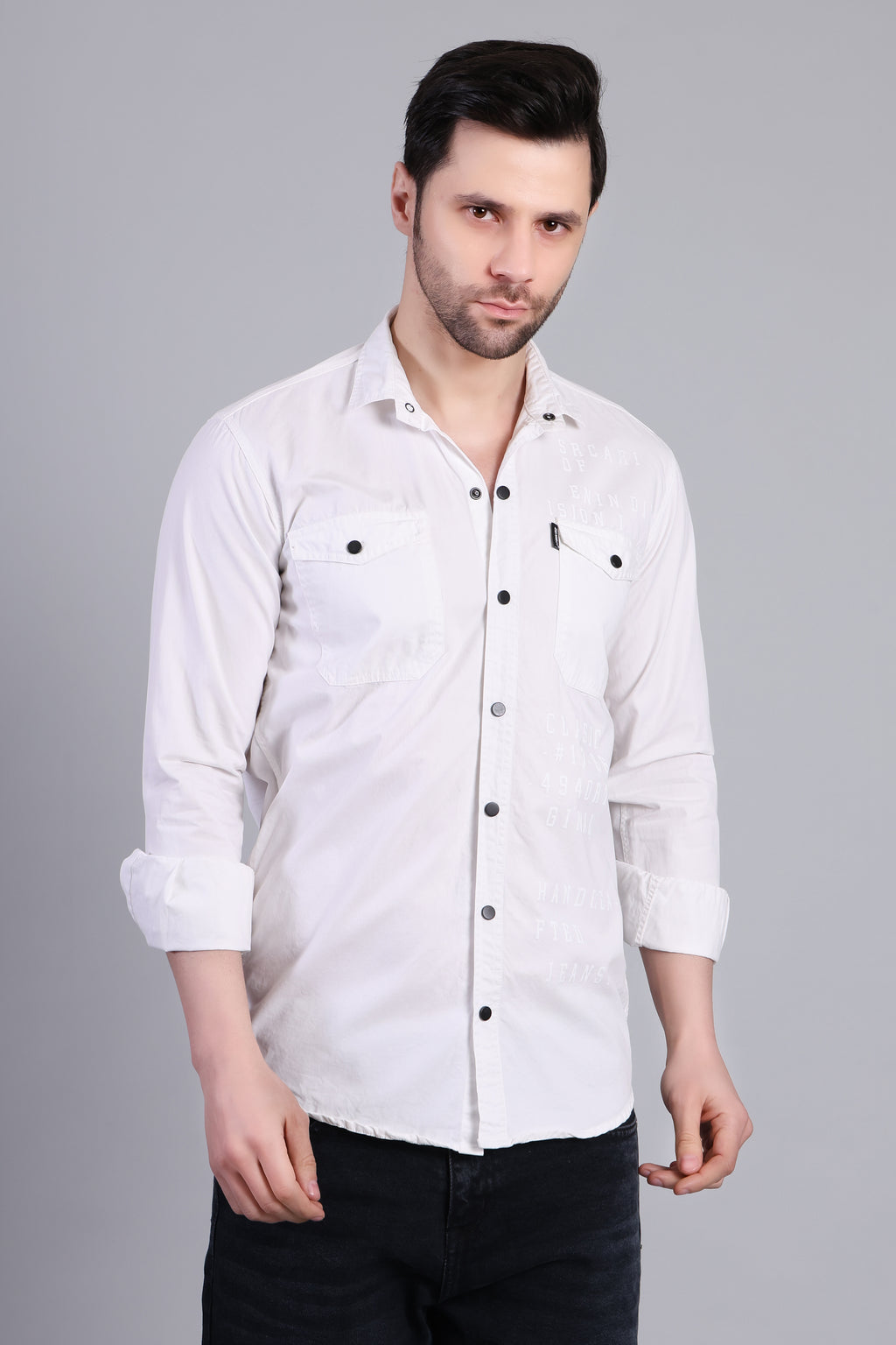 White Premium Casual Shirt With Subtle Print For Men