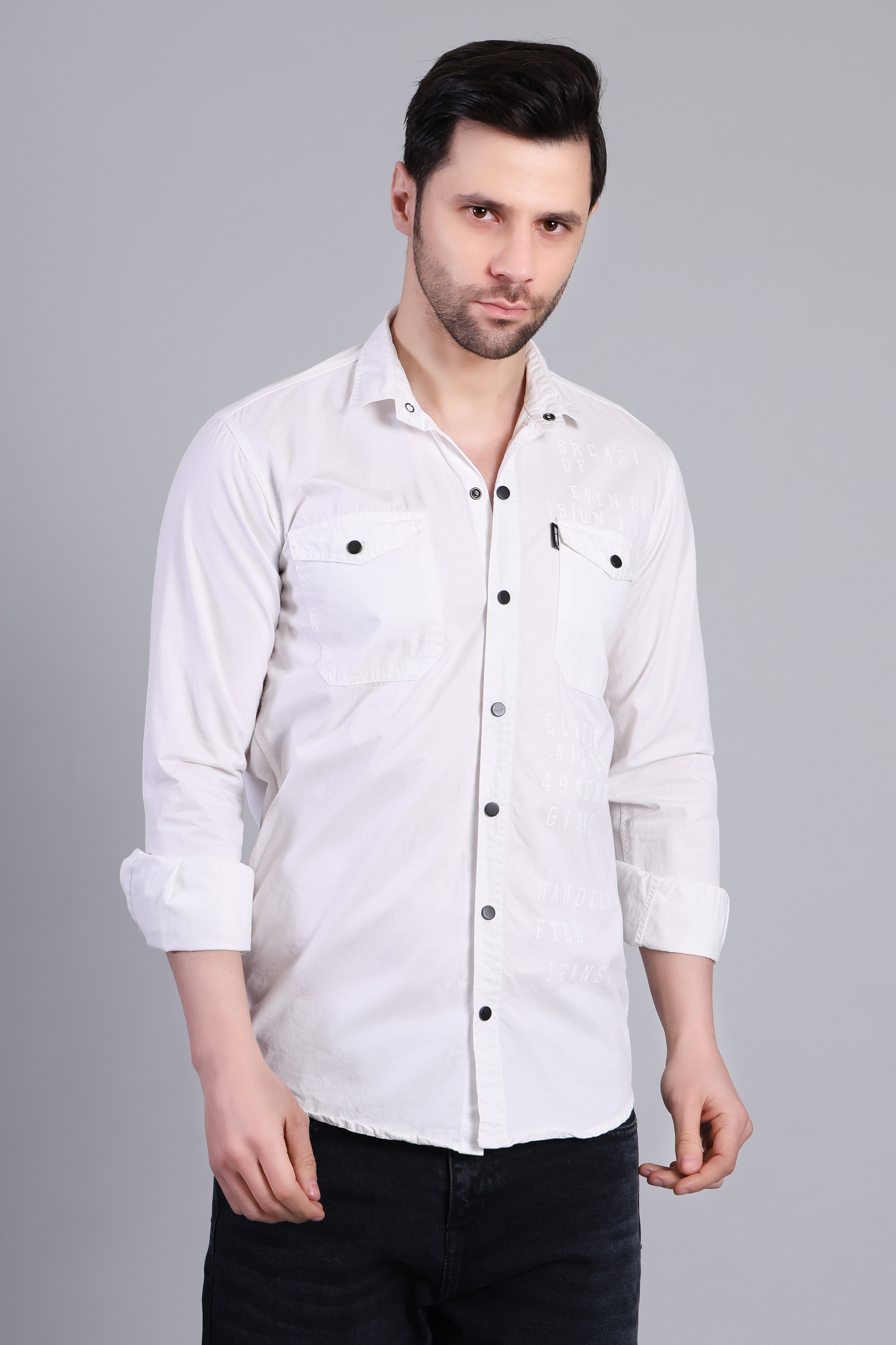 White Premium Casual Shirt With Subtle Print For Men