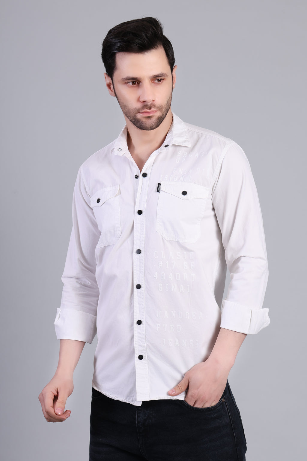 White Premium Casual Shirt With Subtle Print For Men