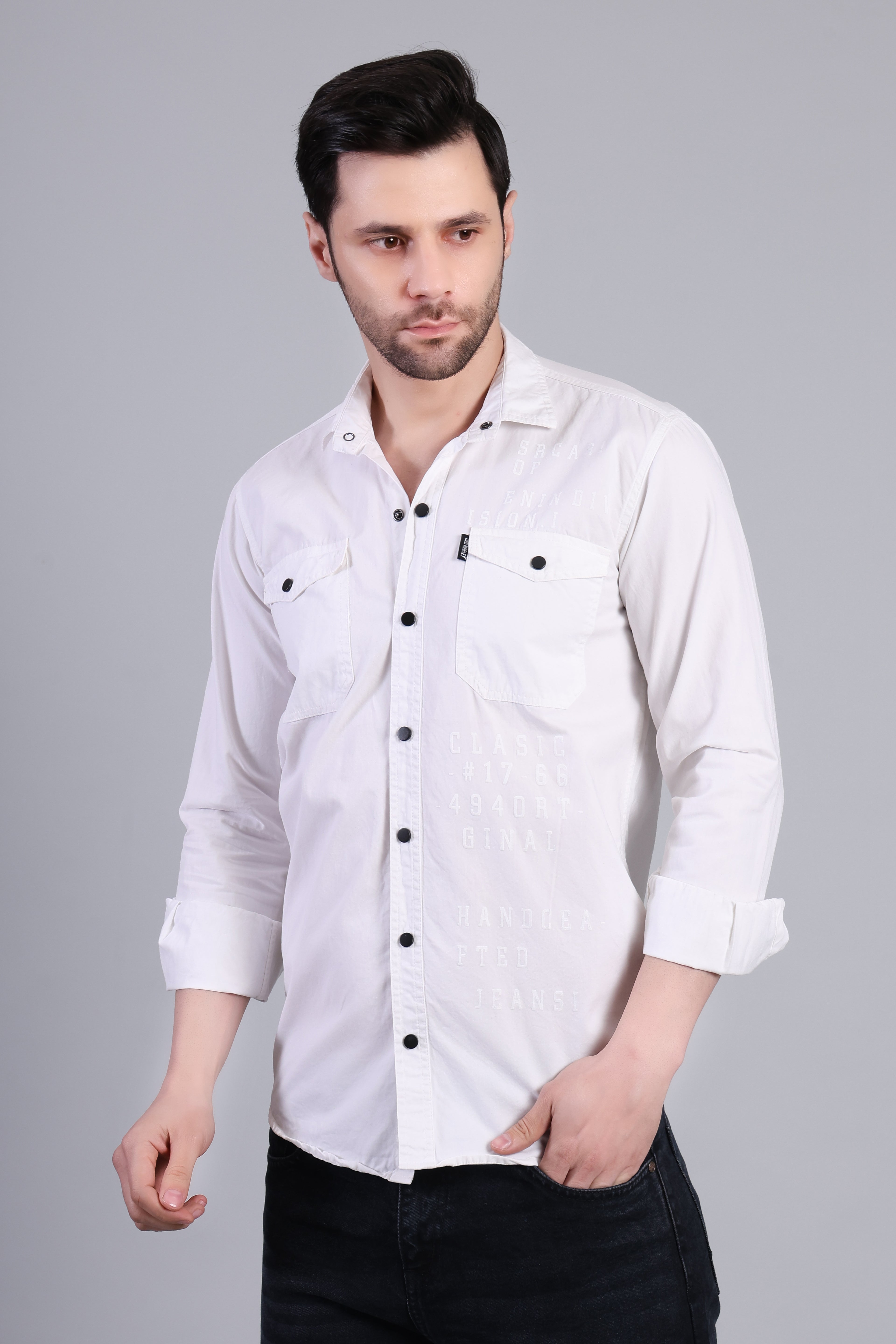 White Premium Casual Shirt With Subtle Print For Men